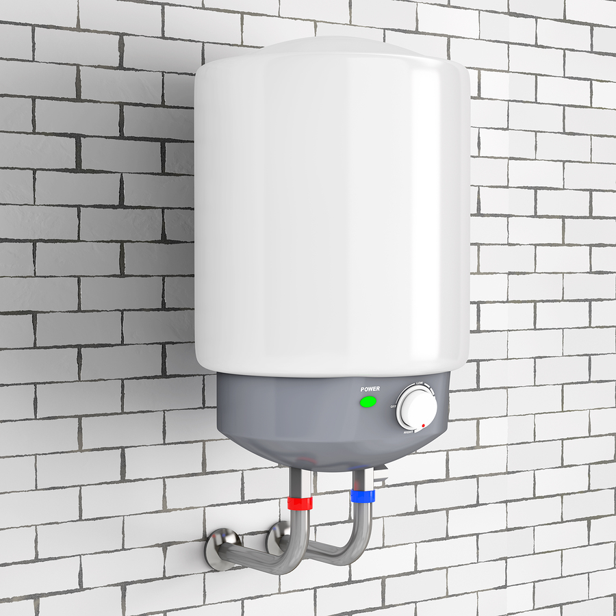 Modern Automatic Water Heater in front of brick wall. 3d Rendering.